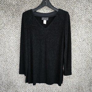 Alex‎ Evenings Top Womens Small Black Shimmer Textured Shoulder Pads Blouse